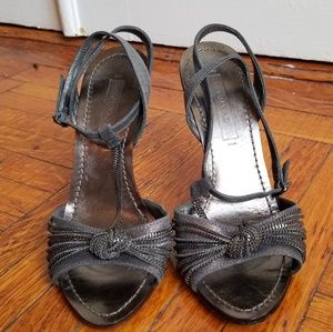 BCBG Max Azria pewter/silver heels with chain